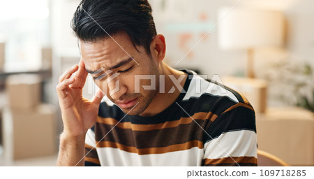 Headache, man and stress with shipping company, delivery mistake and fatigue with brain fog and small business crisis. Migraine, health and burnout with inventory loss, fail or supply chain disaster 109718285
