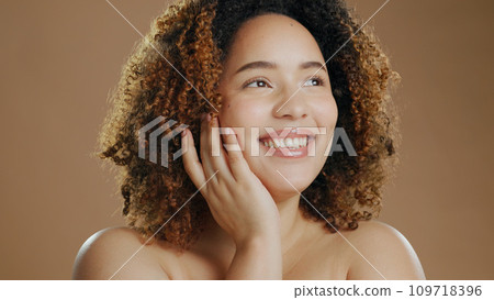 Happy woman, face and skincare in beauty, natural or cosmetics against a studio background. Female person or model smile or thinking for dermatology, soft skin or facial spa treatment and grooming Happy woman, face and skincare in beauty, natural or cosmetics against a studio background. Female person or model smile or thinking for dermatology, soft skin or facial spa treatment and grooming 109718396