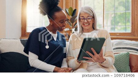 Senior, woman and caregiver with tablet for consulting, medical information and health communication on sofa. Elderly, professional and nurse with touchscreen for online report, advisory and results Senior, woman and caregiver with tablet for consulting, medical information and health communication on sofa. Elderly, professional and nurse with touchscreen for online report, advisory and results 109718406