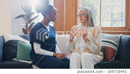 Senior, sad woman or caregiver with empathy or results in consultation for bad news or cancer disease. Stress, crying or nurse with a depressed patient for nursing support, sympathy or help in home Senior, sad woman or caregiver with empathy or results in consultation for bad news or cancer disease. Stress, crying or nurse with a depressed patient for nursing support, sympathy or help in home 109718441