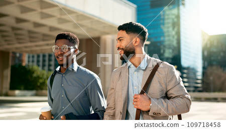 Outdoor, men and walking with business people, support and planning with happiness, speaking and cooperation. Staff, city and coworkers with feedback, partnership and professional with conversation 109718458