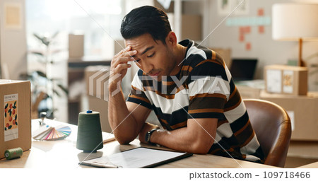 Frustrated man, headache and stress with boxes in anxiety, mistake or overworked in logistics at office. Male person with migraine, mental health or depression in fatigue, fail or bankruptcy and debt 109718466