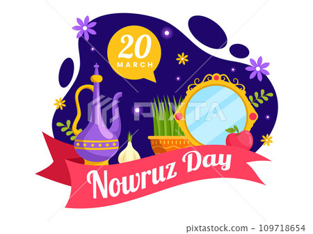 Happy Nowruz Day Vector Illustration. Translation: Persian New Year, on 20 March with Glass, Fish, Ornaments Eggs and Grass Semeni in Flat Background 109718654
