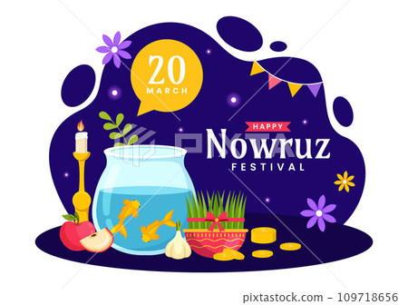 Happy Nowruz Day Vector Illustration. Translation: Persian New Year, on 20 March with Glass, Fish, Ornaments Eggs and Grass Semeni in Flat Background 109718656