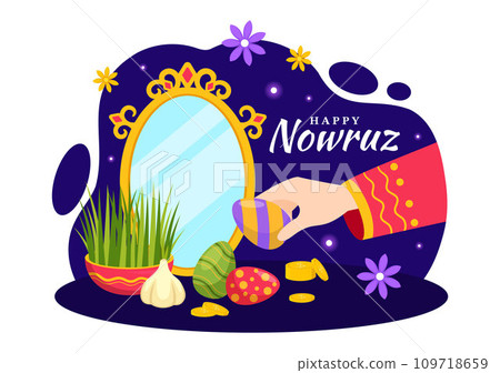 Happy Nowruz Day Vector Illustration. Translation: Persian New Year, on 20 March with Glass, Fish, Ornaments Eggs and Grass Semeni in Flat Background 109718659