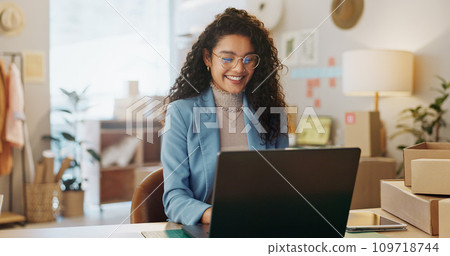 Happy woman, fashion designer and laptop in small business management or logistics at boutique store. Female person or entrepreneur working on computer for inventory or storage check at retail shop 109718744