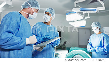 Hospital, surgeon or patient for surgery, operating room or chart. Operation, medical or diagnosis for chart, explaining or nurse to help, healthcare, check or discussion for care, job or procedure Hospital, surgeon or patient for surgery, operating room or chart. Operation, medical or diagnosis for chart, explaining or nurse to help, healthcare, check or discussion for care, job or procedure 109718758