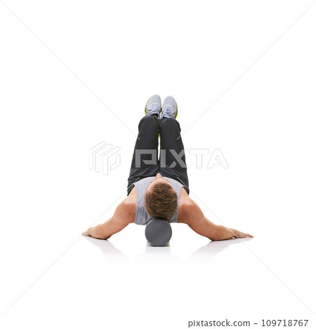 Balance exercise, foam roller and person in pilates workout, floor stability or muscle endurance activity. Studio, gym equipment and athlete fitness for core strength development on white background Balance exercise, foam roller and person in pilates workout, floor stability or muscle endurance activity. Studio, gym equipment and athlete fitness for core strength development on white background 109718767