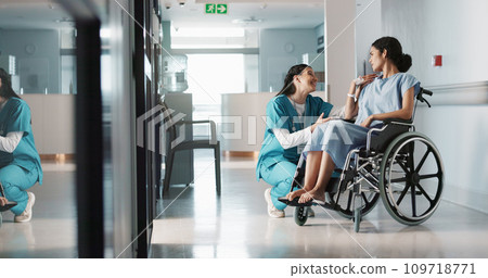 Happy doctor, wheelchair patient and women talking, consulting and motivation advice for healthcare service surgery. Nurse support, help and wellness surgeon speaking to person with disability Happy doctor, wheelchair patient and women talking, consulting and motivation advice for healthcare service surgery. Nurse support, help and wellness surgeon speaking to person with disability 109718771