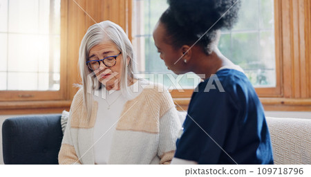 Senior, sad woman or nurse with support or results in consultation for bad news or cancer disease. Stress, depression or caregiver with a crying mature patient for empathy, sympathy or help in home 109718796