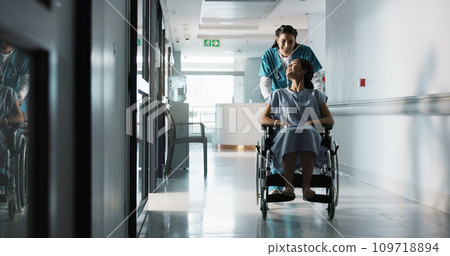 Happy nurse, wheelchair patient and people talking, consulting and motivation advice, kindness or empathy for medical surgery. Support, client or doctor trust, care and chat to person with disability Happy nurse, wheelchair patient and people talking, consulting and motivation advice, kindness or empathy for medical surgery. Support, client or doctor trust, care and chat to person with disability 109718894