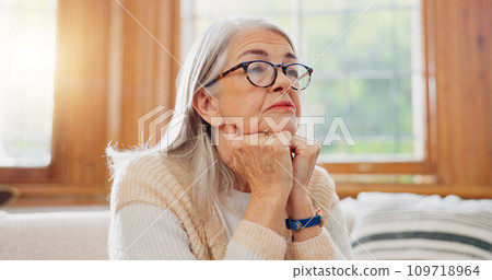 Breathe, calm and senior woman on sofa in the living room for peaceful meditation exercise. Relax, health and portrait of elderly female person in retirement breathing in the lounge of modern home. 109718964
