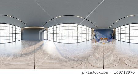 3D illustration of 360 degree rendering featuring Ocean Blue themed hotel lounge. 3D illustration of 360 degree rendering featuring Ocean Blue themed hotel lounge. 109718970
