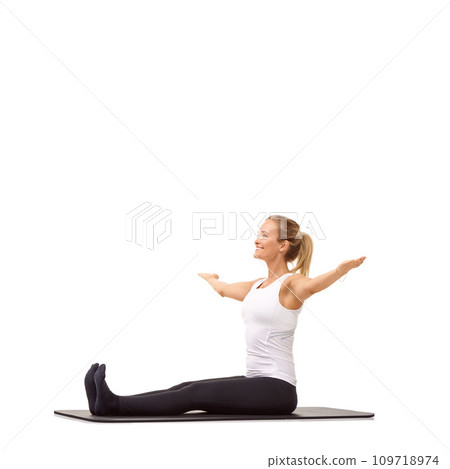 Exercise, health and training with woman in studio for gym, smile and wellness. Workout, fitness and self care with female person on floor of white background for pilates, body and mockup space Exercise, health and training with woman in studio for gym, smile and wellness. Workout, fitness and self care with female person on floor of white background for pilates, body and mockup space 109718974