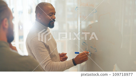 Business people, presentation or black man writing on board for coaching, learning or mentorship advice. Marketing training, manager or leader teaching ideas for strategy, mission or team planning 109718977