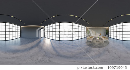 3D illustration of 360 degree rendering featuring gold and white themed hotel lounge. 109719043