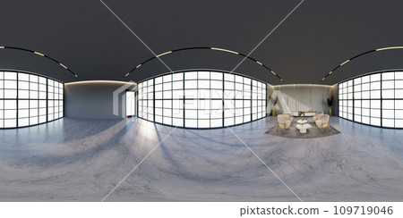 3D illustration of 360 degree rendering featuring gold and white themed hotel lounge. 109719046