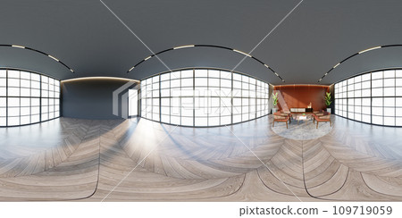 3D illustration of 360 degree rendering featuring apricot themed hotel lounge. 109719059