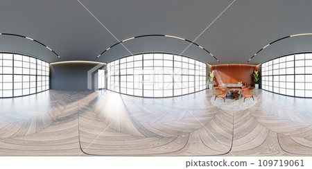 3D illustration of 360 degree rendering featuring apricot themed hotel lounge. 109719061