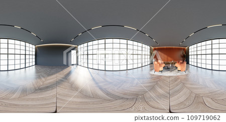 3D illustration of 360 degree rendering featuring apricot themed hotel lounge. 3D illustration of 360 degree rendering featuring apricot themed hotel lounge. 109719062
