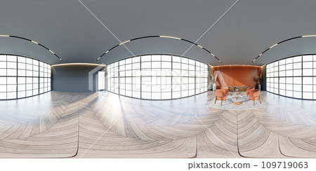 3D illustration of 360 degree rendering featuring apricot themed hotel lounge. 3D illustration of 360 degree rendering featuring apricot themed hotel lounge. 109719063