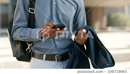 Hands, phone or businessman in city on social media to chat on internet post or website notification. News info, walking or closeup of entrepreneur texting, networking or typing online on mobile app Hands, phone or businessman in city on social media to chat on internet post or website notification. News info, walking or closeup of entrepreneur texting, networking or typing online on mobile app 109719065