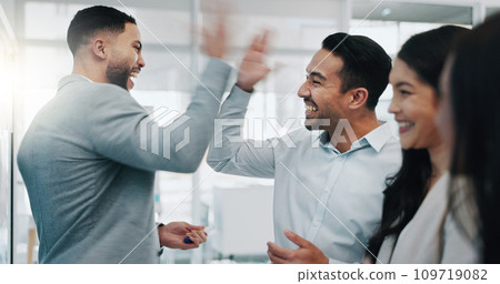 Businessman, high five and applause in team planning, brainstorming or motivation together at office. Business people clapping in celebration, meeting or teamwork collaboration for ideas at workplace 109719082