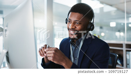 Computer, call center and happy black man talking, crm and technical support at help desk. Communication, customer service and sales agent consulting, telemarketing advisory and speaking to contact Computer, call center and happy black man talking, crm and technical support at help desk. Communication, customer service and sales agent consulting, telemarketing advisory and speaking to contact 109719127