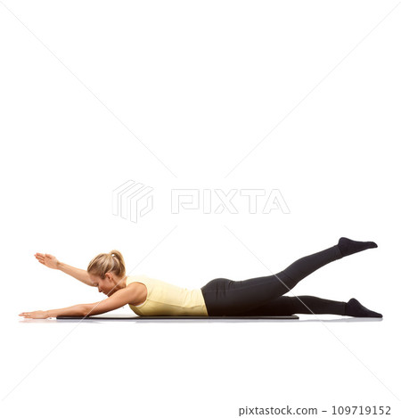 Woman, fitness and mat in studio for stretching, pilates or workout for healthy body, wellness or core muscle. Person, exercise or yoga on floor for abdomen health on mockup space or white background 109719152
