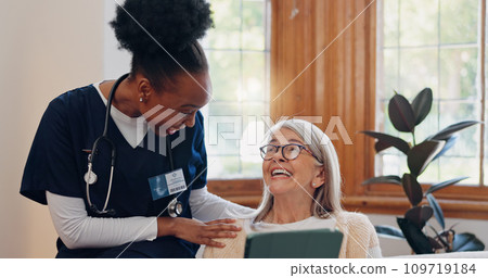 Smile, tablet or nurse consulting an old woman for medical report results or healthcare diagnosis. Happy, good news or caregiver in nursing home helping, talking or speaking to a healthy elderly lady Smile, tablet or nurse consulting an old woman for medical report results or healthcare diagnosis. Happy, good news or caregiver in nursing home helping, talking or speaking to a healthy elderly lady 109719184