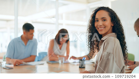 Meeting, discussion and portrait of business woman in office for working on creative project in collaboration. Teamwork, diversity and face of female designer and colleagues for planning in workplace 109719204