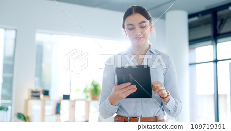 Tablet, smile and business woman in the office doing research for legal corporate project. Digital technology, happy and professional female attorney from Canada working on law case in workplace. Tablet, smile and business woman in the office doing research for legal corporate project. Digital technology, happy and professional female attorney from Canada working on law case in workplace. 109719391