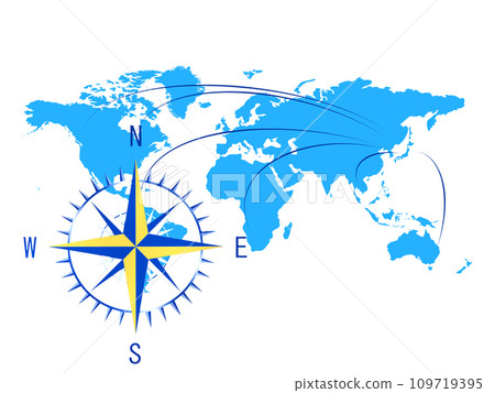Gyro compass with white background and blue world map 109719395
