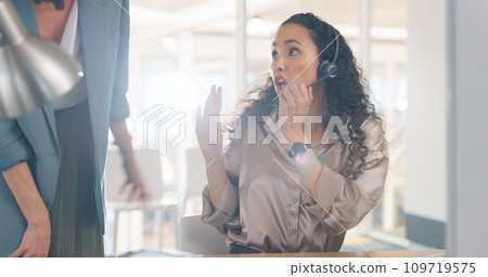 Problem, error or mistake with a woman in a call center for customer service, support or telemarketing. Contact us, crm and question with a serious young employee busy working in a sales office 109719575