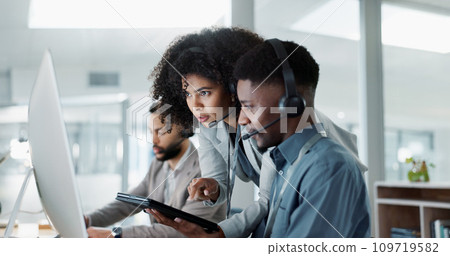 Business people, call center and coaching in telemarketing, support or customer service at office. Team, agent or consultant training staff together in teamwork for online advice, help or contact us 109719582