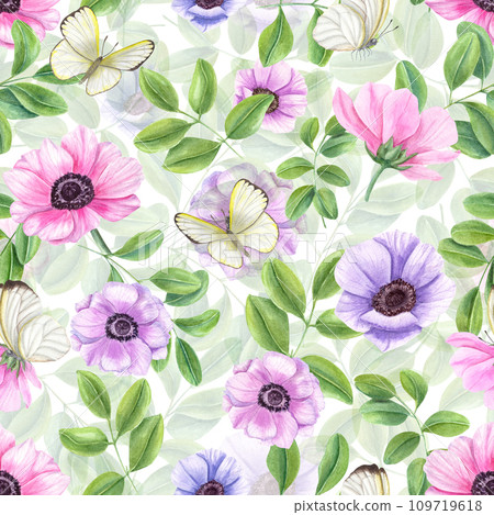 Seamless pattern with anemone flowers, green leaves and butterflies. Clitoria, acacia or tea leaf. White cabbage. Floral composition. Watercolor illustration on white. For textile, poster, template Seamless pattern with anemone flowers, green leaves and butterflies. Clitoria, acacia or tea leaf. White cabbage. Floral composition. Watercolor illustration on white. For textile, poster, template 109719618