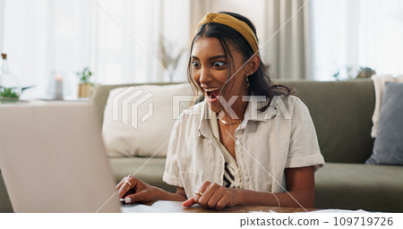 Wow, laptop and woman with win from remote work success, surprise and good news from email. Shock, happy and job promotion with achievement and online announcement from app in living room with winner 109719726