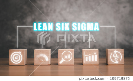 Lean Six Sigma concept, Wooden block on wooden desk with lean six sigma icon on virtual screen, define, measure, analyze, improve, and control. Lean Six Sigma concept, Wooden block on wooden desk with lean six sigma icon on virtual screen, define, measure, analyze, improve, and control. 109719875