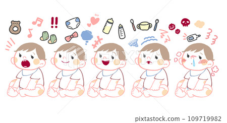 Sitting baby_Various facial expressions_Summary 109719982