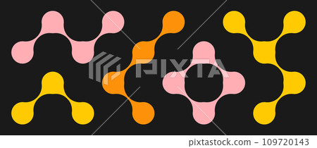 Colored meta balls set. Diagonal connected morph dots. Liquid blob pattern collection. Thin integration abstract concept. Rounded design element bundle for logo, icon, tag, emblem, poster. Vector pack 109720143