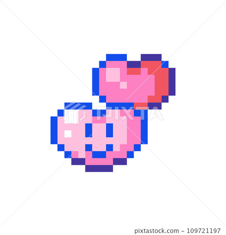 Pixel art Pink Cute Heart Emoji Icon. Vector Pixel 8bit Love Emoticon. 80s 90s Retro Game Decor For Valentine's Day. Pixelated Romantic Affection Heart Shape Sticker Illustration on white background.	 109721197