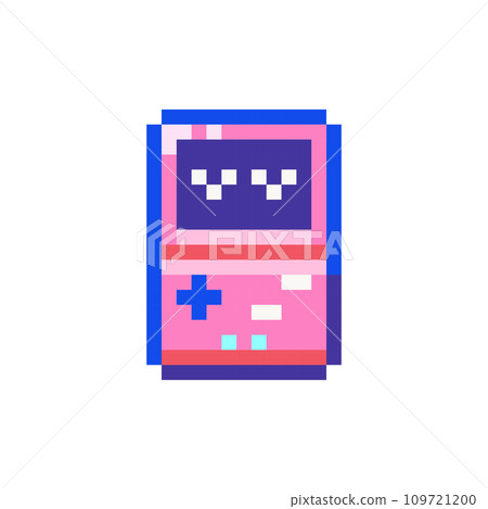 Pixel art Pink Game Console Icon. Vector Pixel 8bit Retro Gaming Handheld Device. 80s 90s Retro Game Pixelated Digital Entertainment System Sticker Illustration on white background.	 109721200