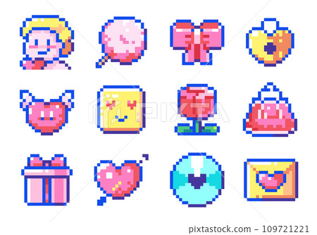 Pixel Art Valentine Day Isolated Sticker Icons. 8 Bit Style Elements for Y2k 2000s Decorations For Postcards, Web Banners or Game Event. Cupid, Love Sweet Desserts, Flowers, Gifts, Love Song Disc. Pixel Art Valentine Day Isolated Sticker Icons. 8 Bit Style Elements for Y2k 2000s Decorations For Postcards, Web Banners or Game Event. Cupid, Love Sweet Desserts, Flowers, Gifts, Love Song Disc. 109721221