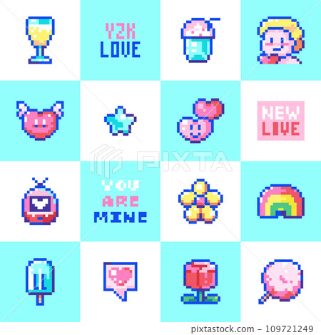 Pixel Art Style Valentine's Day Seamless Pattern with 8Bit Cute Elements and Sweets - Romantic Digital Background. White and Blue Color, Cupid, Flowers, Heart with wings, Cotton Candy, Rainbow. 109721249