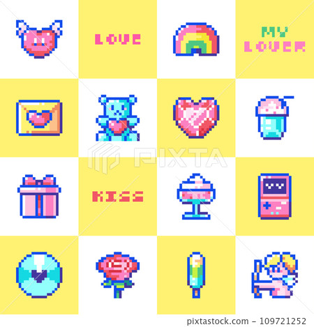 Cute Pixel Art Valentine's Day Seamless Pattern - 8 bit Love Icons and Romantic Symbols for Digital Design and Textiles. Pixel art Rainbow, Letter, Teddy Bear, Gift, Kiss, Dessert, Candy, Rose. Cute Pixel Art Valentine's Day Seamless Pattern - 8 bit Love Icons and Romantic Symbols for Digital Design and Textiles. Pixel art Rainbow, Letter, Teddy Bear, Gift, Kiss, Dessert, Candy, Rose. 109721252