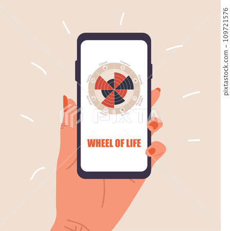 The Wheel of life. Woman analysis her needs. Female hand holding smartphone with circle diagram of life balance. Well-being concept. Vector illustration in flat cartoon style 109721576