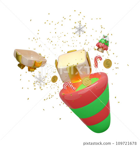 explosion firecracker funnel with open gift box empty, coins, christmas tree, candy cane, snowflake. merry christmas and happy new year, 3d render illustration 109721678