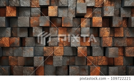 Abstract block stack wooden 3d cubes, black wood texture for backdrop 109722221