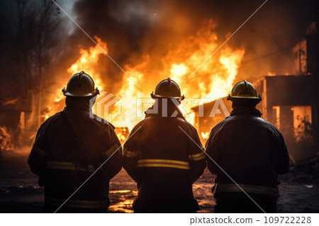 Team of firefighters in front of the flames Team of firefighters in front of the flames 109722228