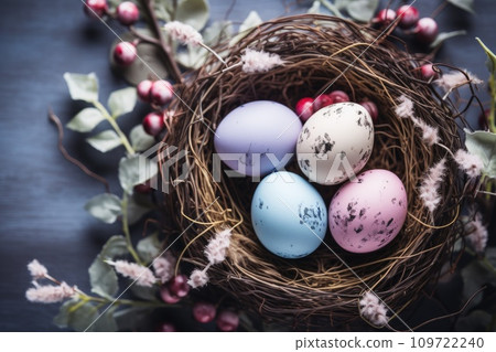 Beautiful decorated Easter eggs in a nest. Spring holiday 109722240